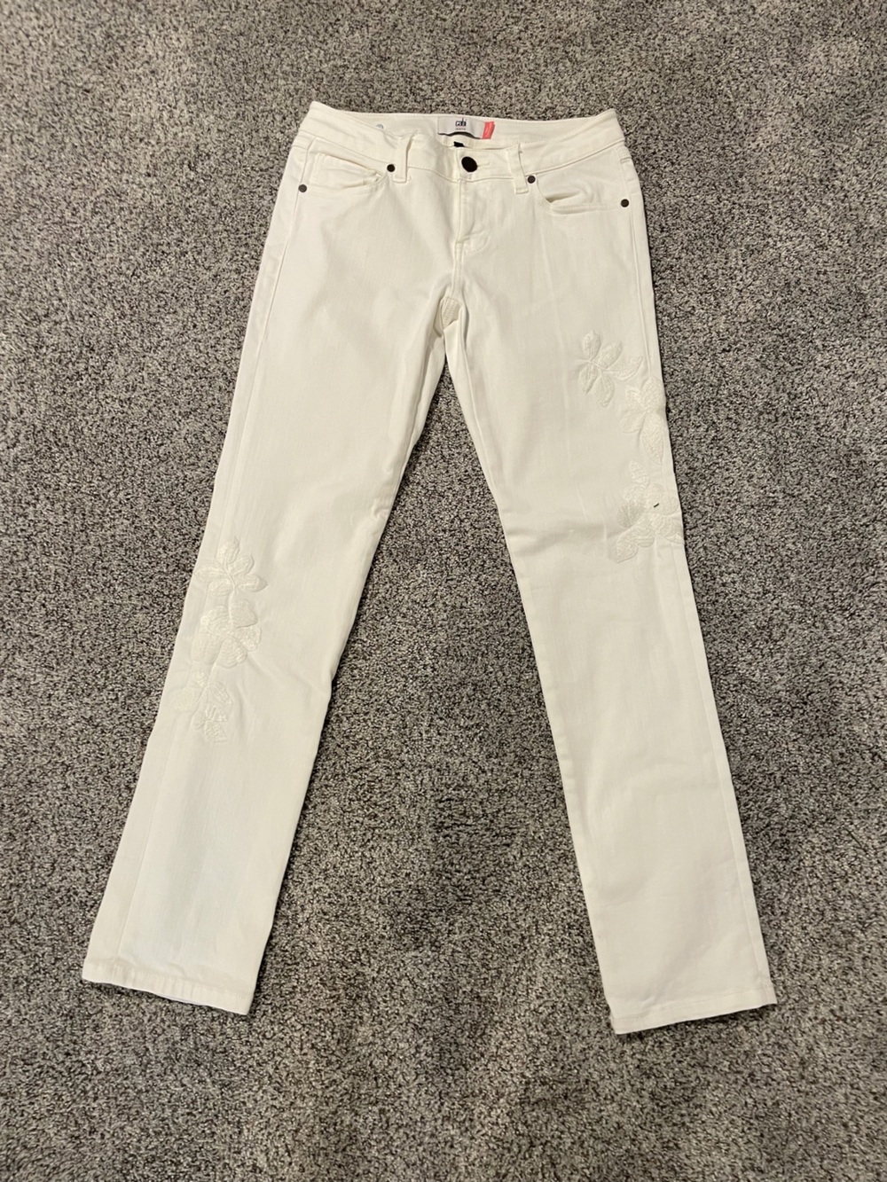 CAbi White Straight-Leg Jeans with Subtle Floral Embroidery